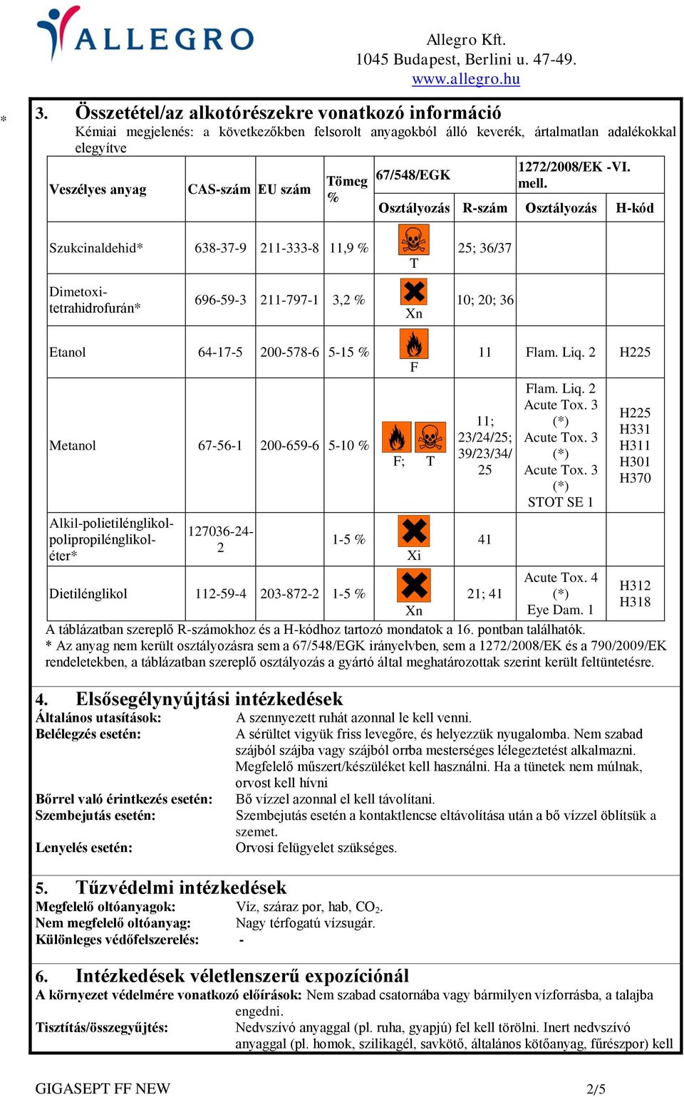 Osztályozás R-szám Osztályozás H-kód Szukcinaldehid 638-37-9 211-333-8 11,9 % T 25; 36/37 Dimetoxitetrahidrofurán 696-59-3 211-797-1 3,2 % Xn 10; 20; 36 Etanol 64-17-5 200-578-6 5-15 % Metanol