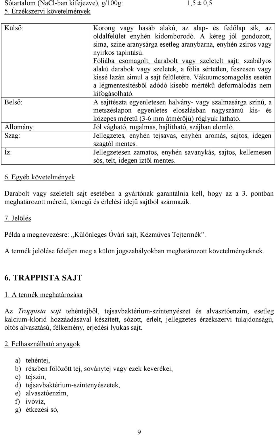 Fóliába csomagolt, darabolt vagy szeletelt sajt: szabályos alakú darabok vagy szeletek, a fólia sértetlen, feszesen vagy kissé lazán simul a sajt felületére.