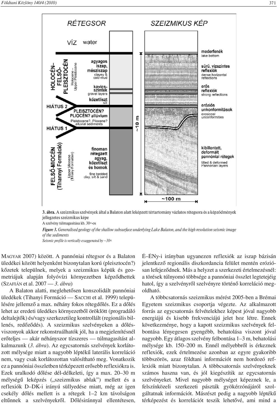 Generalised geology of the shallow subsurface underlying Lake Balaton, and the high resolution seismic image of the sediments Seismic profile is vertically exaggerated by 30 MAGYAR 2007) között.