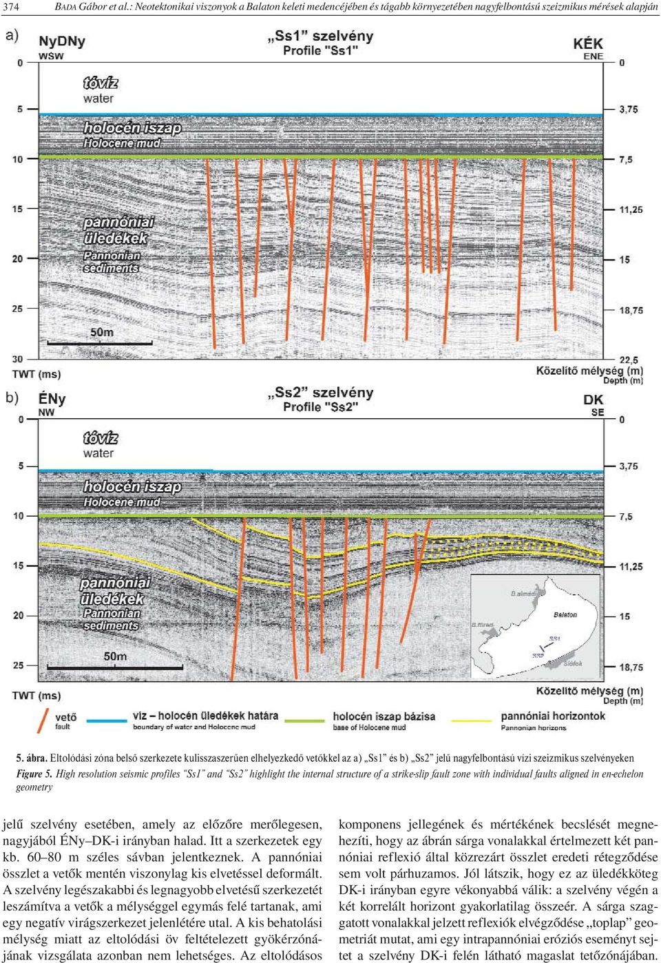 High resolution seismic profiles Ss1 and Ss2 highlight the internal structure of a strike-slip fault zone with individual faults aligned in en-echelon geometry jelű szelvény esetében, amely az