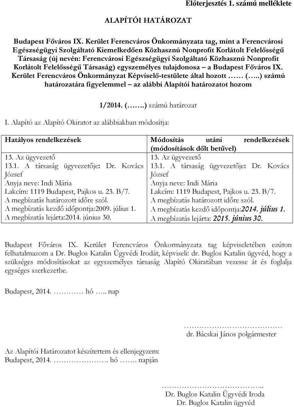 Közhasznú Nonprofit Korlátolt Felelősségű Társaság) egyszemélyes tulajdonosa a Budapest Főváros IX. Kerület Ferencváros Önkormányzat Képviselő-testülete által hozott (.
