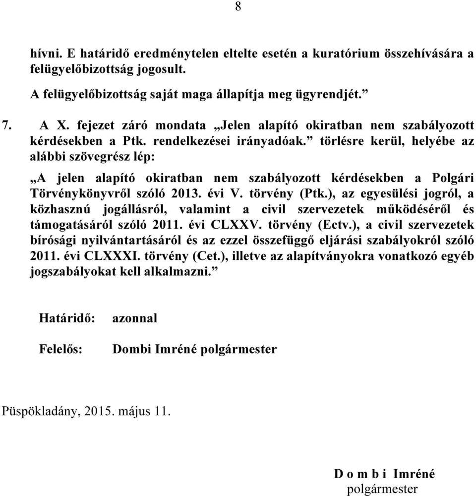 törlésre kerül, helyébe az alábbi szövegrész lép: A jelen alapító okiratban nem szabályozott kérdésekben a Polgári Törvénykönyvről szóló 2013. évi V. törvény (Ptk.