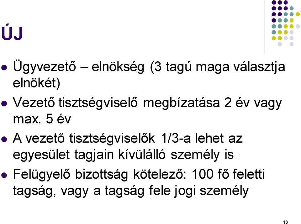 5 év A vezető tisztségviselők 1/3-a lehet az egyesület tagjain