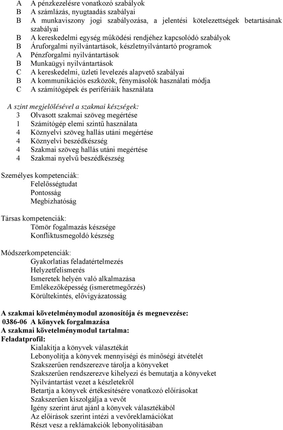 szabályai B A kommunikációs eszközök, fénymásolók használati módja C A számítógépek és perifériáik használata A szint megjelölésével a szakmai készségek: 3 Olvasott szakmai szöveg megértése 1