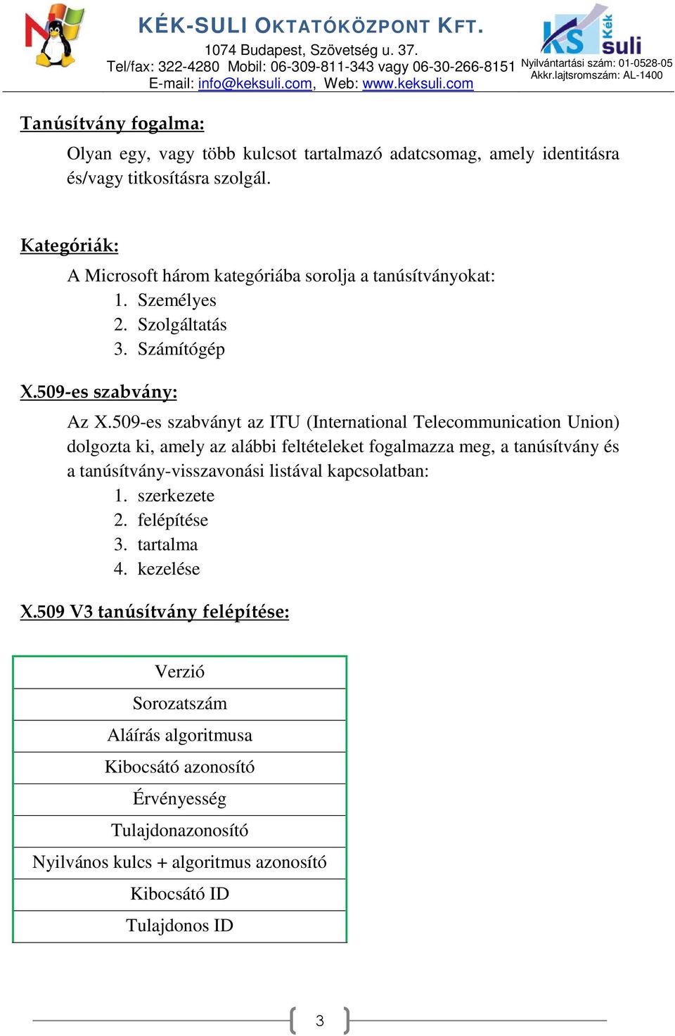 509-es szabványt az ITU (International Telecommunication Union) dolgozta ki, amely az alábbi feltételeket fogalmazza meg, a tanúsítvány és a tanúsítvány-visszavonási