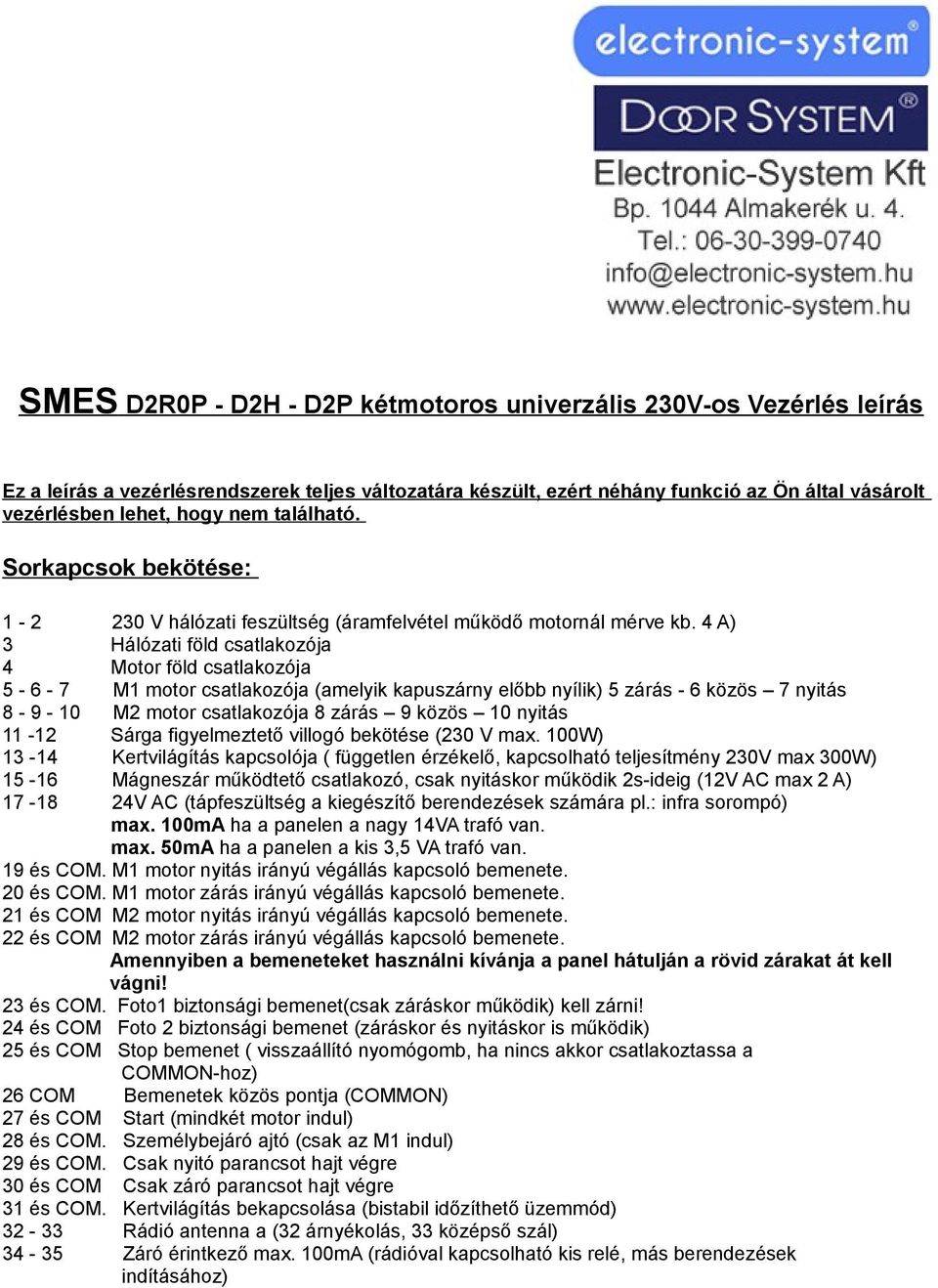 SMES D2R0P - D2H - D2P kétmotoros univerzális 230V-os Vezérlés leírás - PDF  Ingyenes letöltés