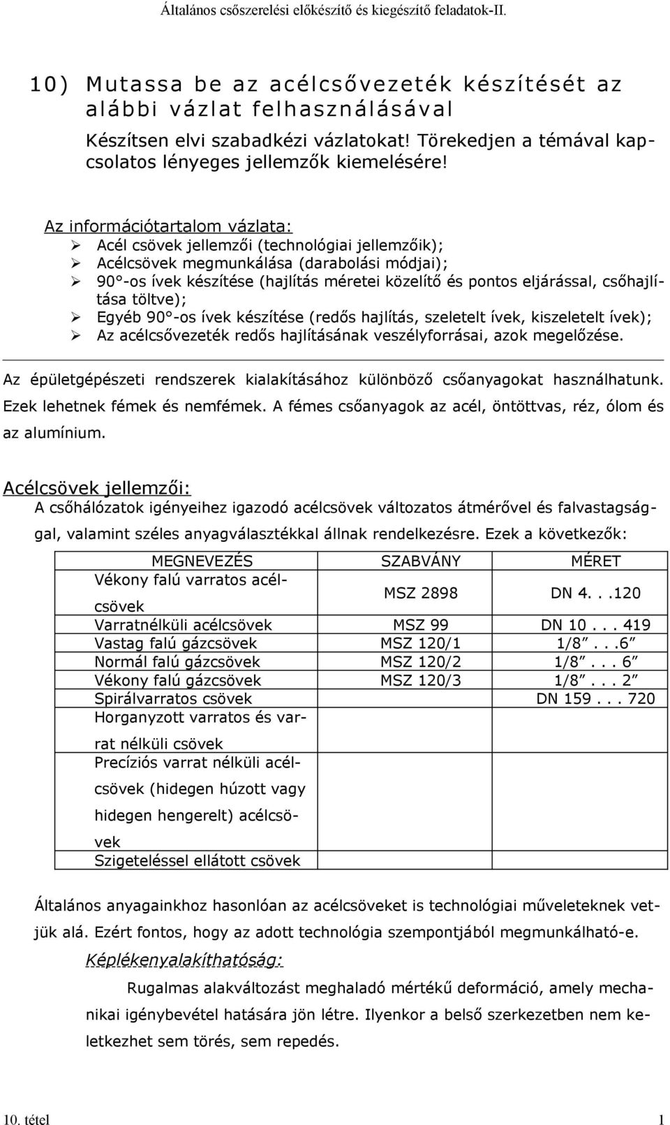 csőhajlítása töltve); Egyéb 90 -os ívek készítése (redős hajlítás, szeletelt ívek, kiszeletelt ívek); Az acélcsővezeték redős hajlításának veszélyforrásai, azok megelőzése.