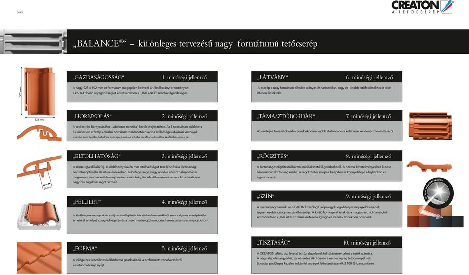 A cserép a nagy formátum ellenére arányos és harmonikus, nagy és kisebb tetőfelületekhez is tökéletesen illeszkedik. 323 mm Hornyolás 2. minőségi jellemző TÁMASZTÓBORDÁK 7.