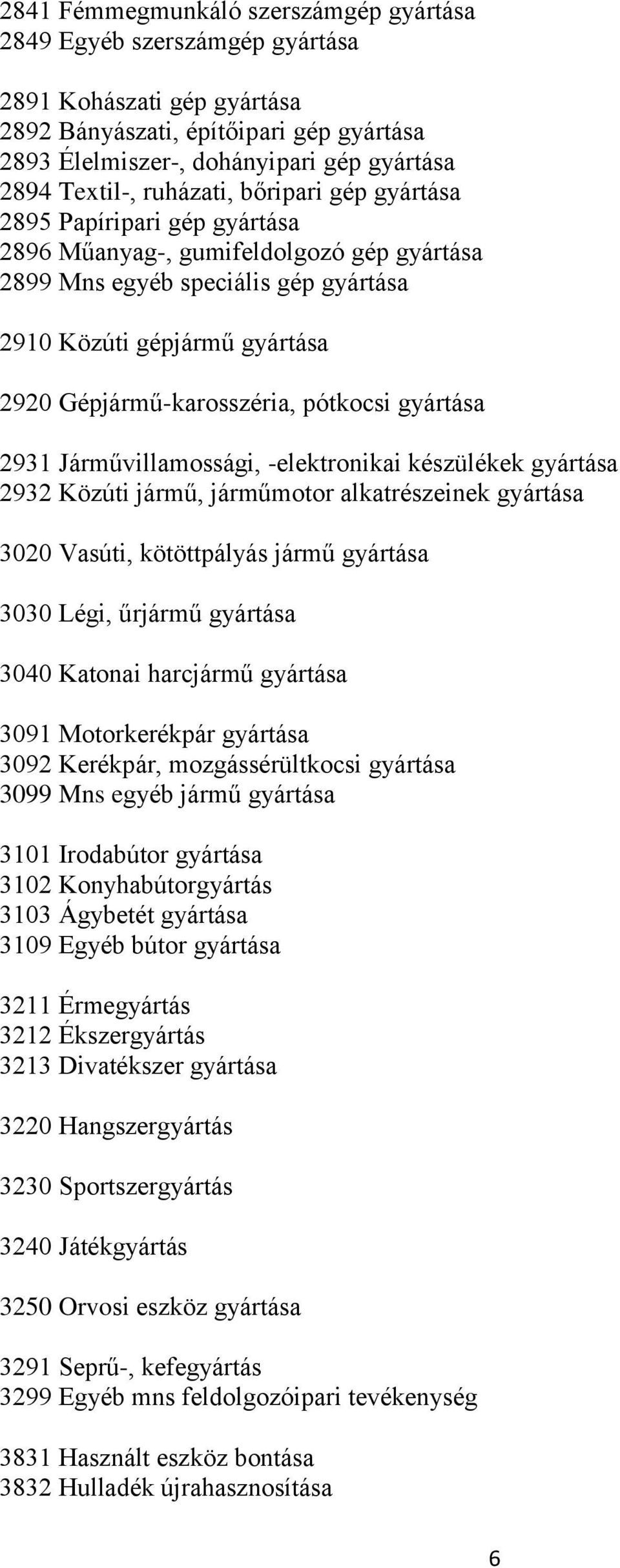 pótkocsi gyártása 2931 Járművillamossági, -elektronikai készülékek gyártása 2932 Közúti jármű, járműmotor alkatrészeinek gyártása 3020 Vasúti, kötöttpályás jármű gyártása 3030 Légi, űrjármű gyártása