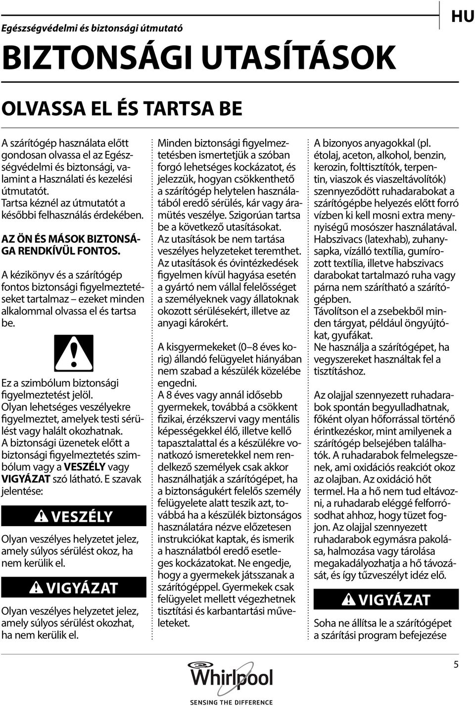 A kézikönyv és a szárítógép fontos biztonsági figyelmeztetéseket tartalmaz ezeket minden alkalommal olvassa el és tartsa be. Ez a szimbólum biztonsági figyelmeztetést jelöl.