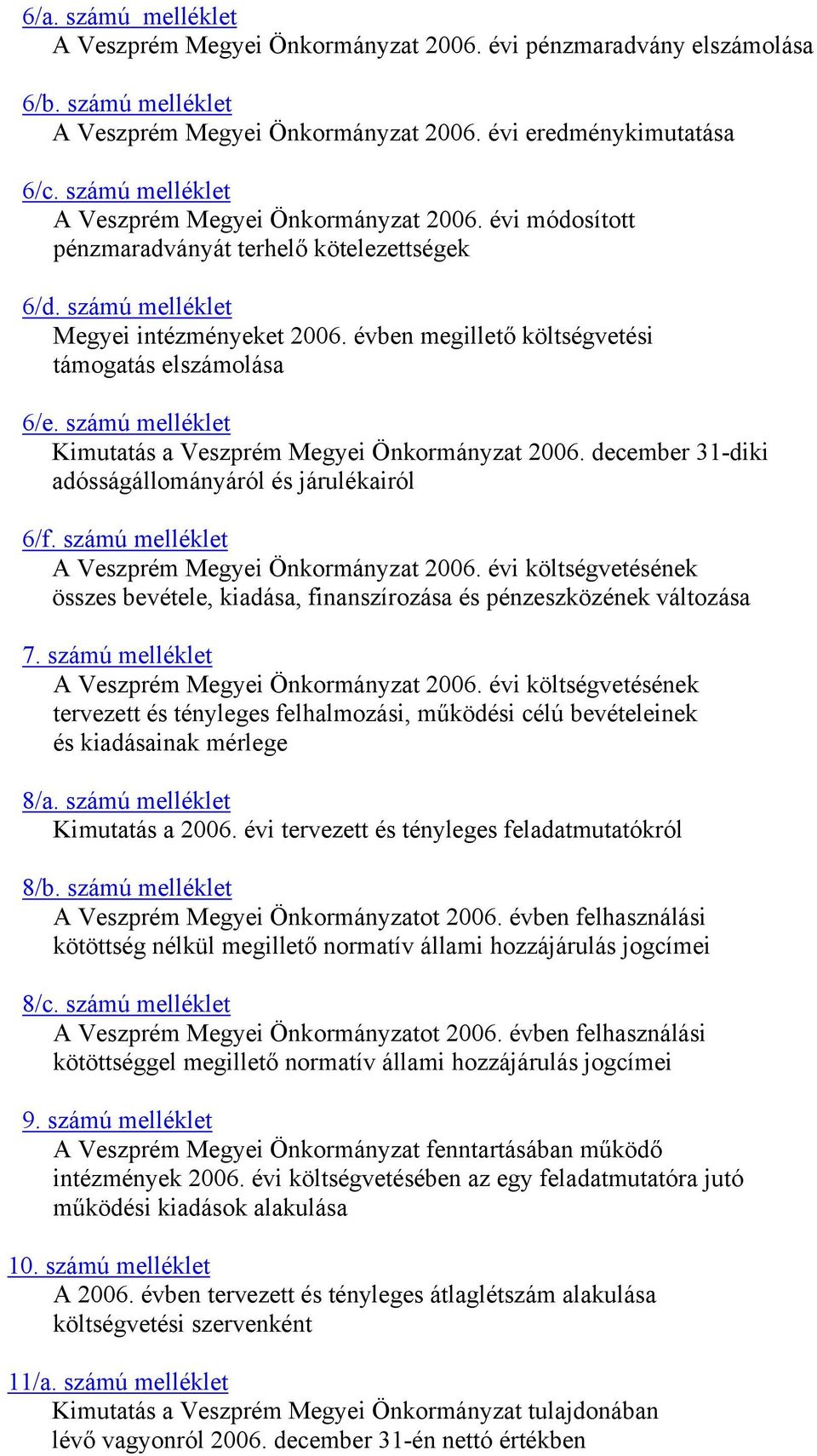 évben megillető költségvetési támogatás elszámolása 6/e. számú melléklet Kimutatás a Veszprém Megyei Önkormányzat 2006. december 31-diki adósságállományáról és járulékairól 6/f.