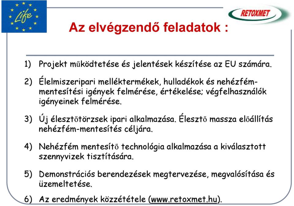 igényeinek felmérése. 3) Új éleszttörzsek ipari alkalmazása. Éleszt massza eláll llítás nehézf zfém-mentesítéss céljc ljára.