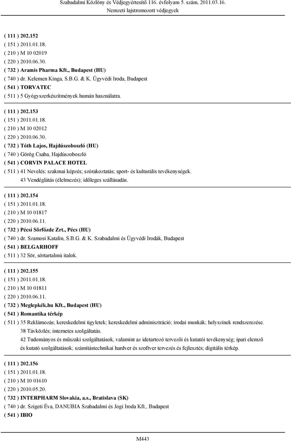 ( 732 ) Tóth Lajos, Hajdúszoboszló (HU) ( 740 ) Görög Csaba, Hajdúszoboszló ( 541 ) CORVIN PALACE HOTEL ( 511 ) 41 Nevelés; szakmai képzés; szórakoztatás; sport- és kulturális tevékenységek.