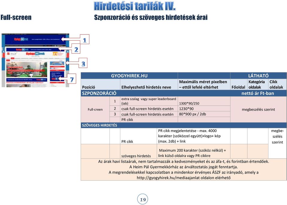 full-screen hirdetés esetén 80*900 px / 2db PR cikk SZÖVEGES HIRDETÉS PR cikk megjelentetése - max. 4000 karakter (szóközzel együtt)+logo+ kép PR cikk (max.