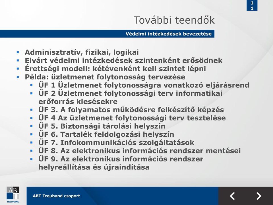 kiesésekre ÜF 3. A folyamatos működésre felkészítő képzés ÜF 4 Az üzletmenet folytonossági terv tesztelése ÜF 5. Biztonsági tárolási helyszín ÜF 6.