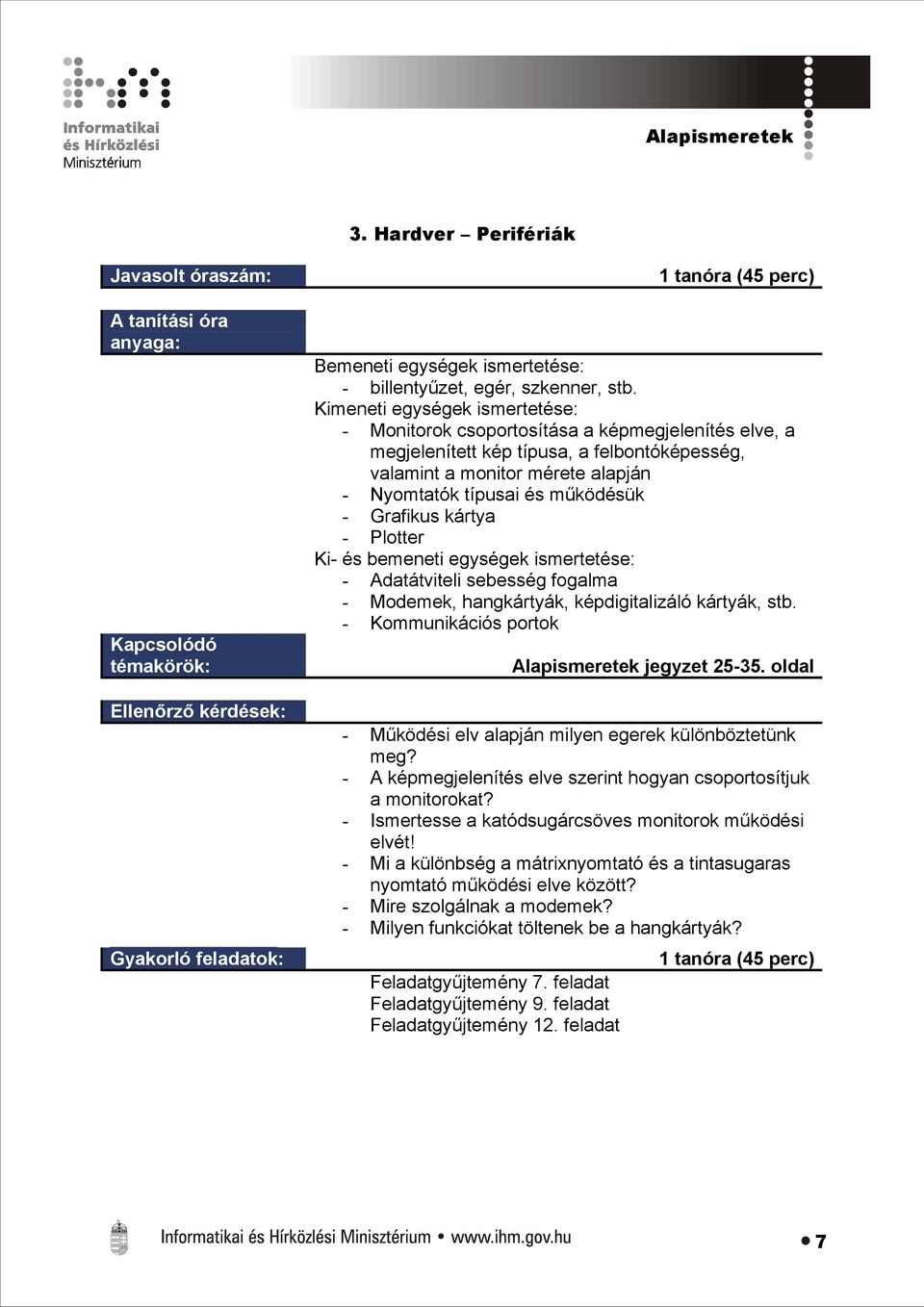 Grafikus kártya - Plotter Ki- és bemeneti egységek ismertetése: - Adatátviteli sebesség fogalma - Modemek, hangkártyák, képdigitalizáló kártyák, stb.