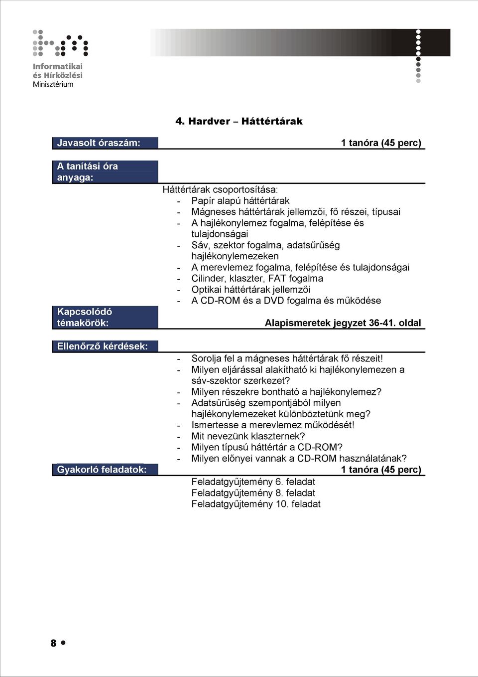 és a DVD fogalma és működése Alapismeretek jegyzet 36-41. oldal - Sorolja fel a mágneses háttértárak fő részeit! - Milyen eljárással alakítható ki hajlékonylemezen a sáv-szektor szerkezet?