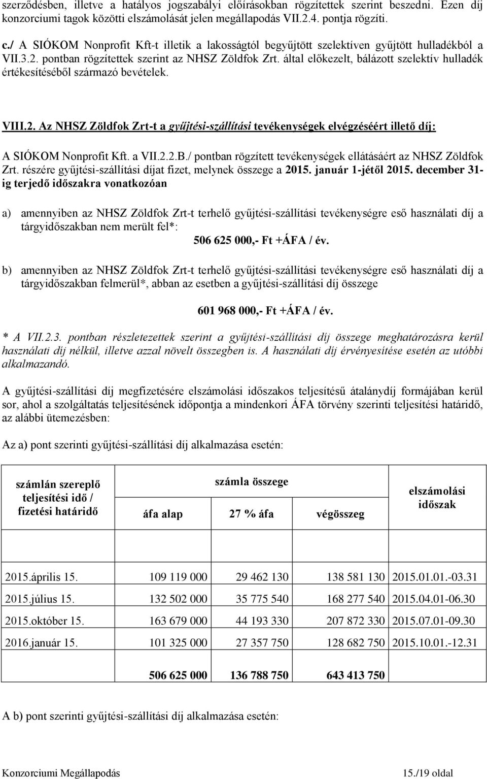 által előkezelt, bálázott szelektív hulladék értékesítéséből származó bevételek. VIII.2. Az NHSZ Zöldfok Zrt-t a gyűjtési-szállítási tevékenységek elvégzéséért illető díj: A SIÓKOM Nonprofit Kft.