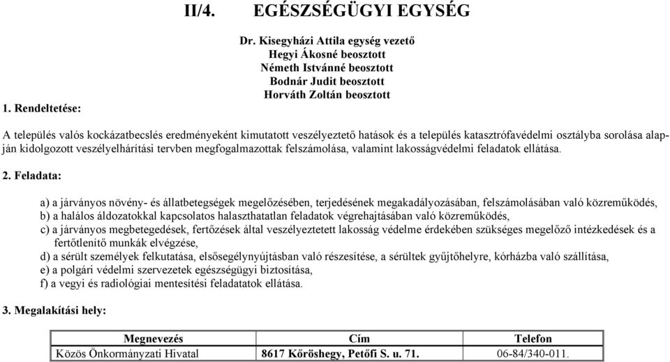 veszélyeztető hatások és a település katasztrófavédelmi osztályba sorolása alapján kidolgozott veszélyelhárítási tervben megfogalmazottak felszámolása, valamint lakosságvédelmi feladatok ellátása.