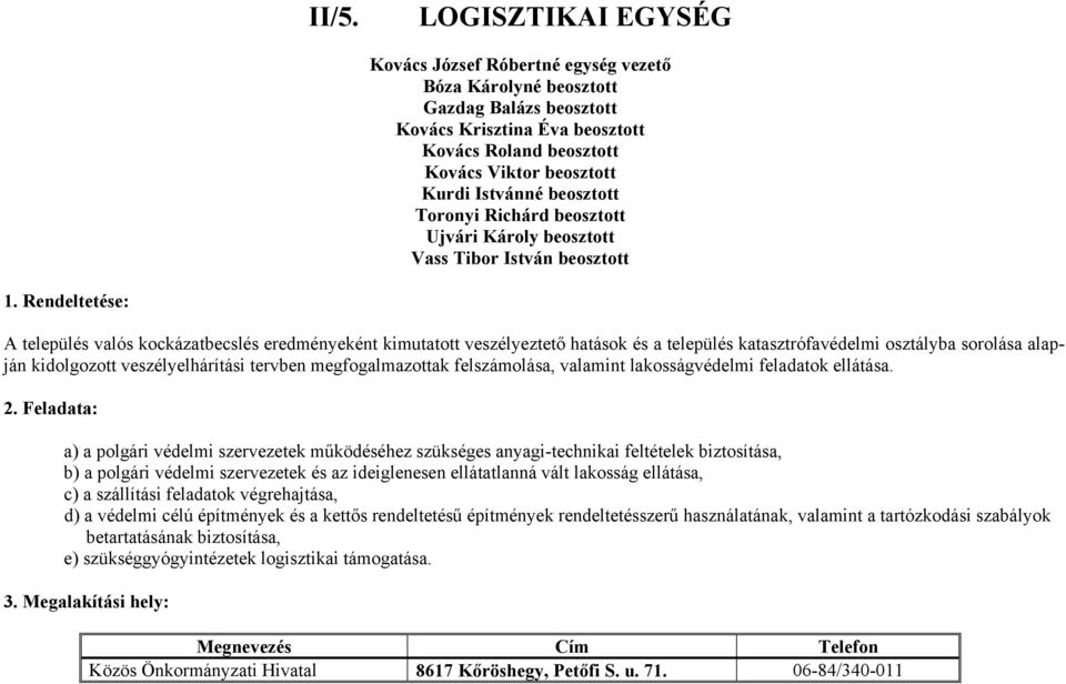 katasztrófavédelmi osztályba sorolása alapján kidolgozott veszélyelhárítási tervben megfogalmazottak felszámolása, valamint lakosságvédelmi feladatok ellátása.