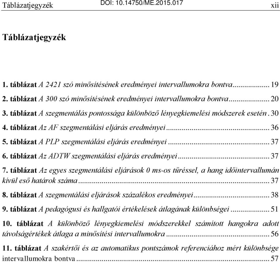 táblázat Az AF szegmentálási eljárás eredményei... 36 5. táblázat A PLP szegmentálási eljárás eredményei... 37 6. táblázat Az ADTW szegmentálási eljárás eredményei... 37 7.