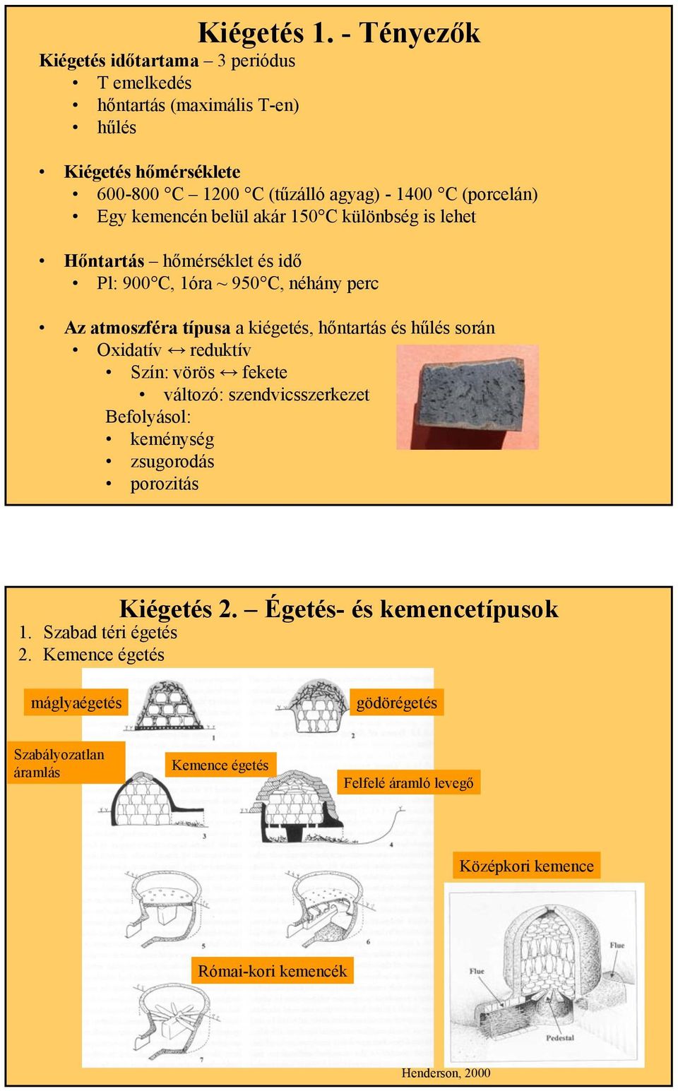 kemencén belül akár 150 C különbség is lehet Hőntartás hőmérséklet és idő Pl: 900 C, 1óra ~ 950 C, néhány perc Az atmoszféra típusa a kiégetés, hőntartás és hűlés