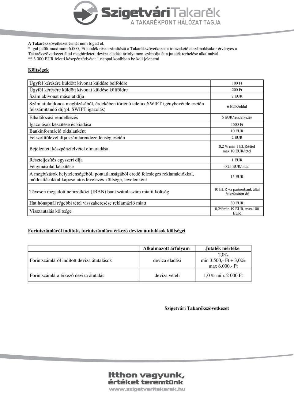 ** 3 000 EUR feletti készpénzfelvétet 1 nappal korábban be kell jelenteni Költségek Ügyfél kérésére küldött kivonat küldése belföldre Ügyfél kérésére küldött kivonat küldése külföldre Számlakivonat