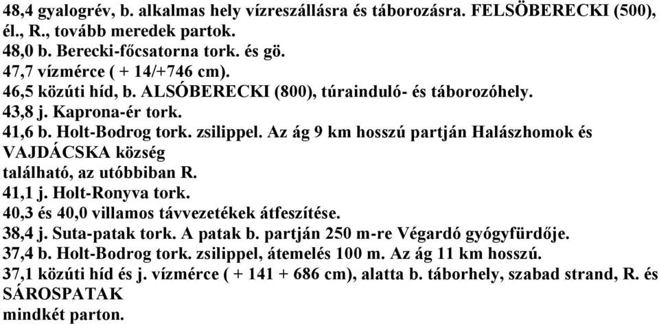 Az ág 9 km hosszú partján Halászhomok és VAJDÁCSKA község található, az utóbbiban R. 41,1 j. Holt-Ronyva tork. 40,3 és 40,0 villamos távvezetékek átfeszítése. 38,4 j. Suta-patak tork.