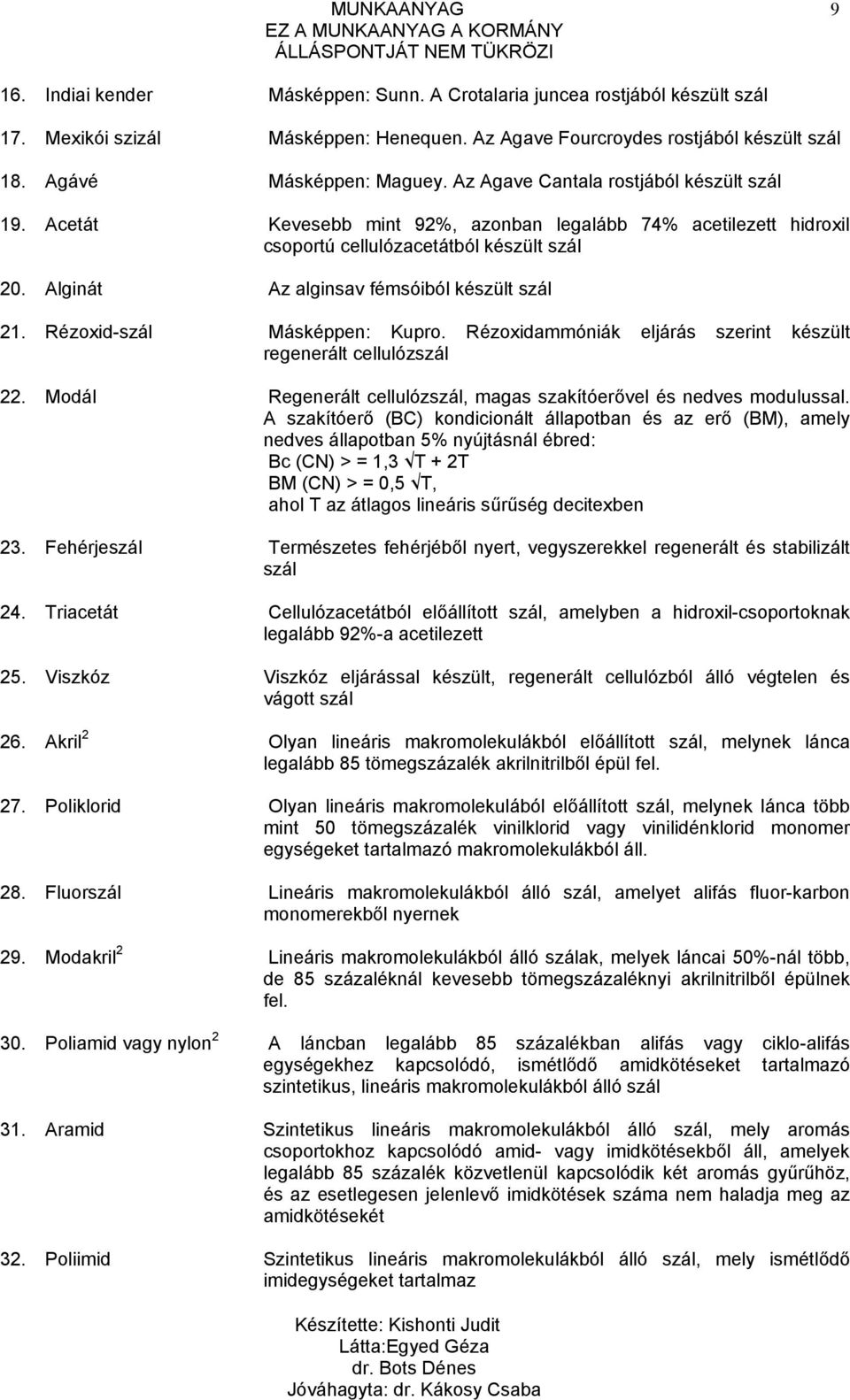 Alginát Az alginsav fémsóiból készült szál 21. Rézoxid-szál Másképpen: Kupro. Rézoxidammóniák eljárás szerint készült regenerált cellulózszál 22.