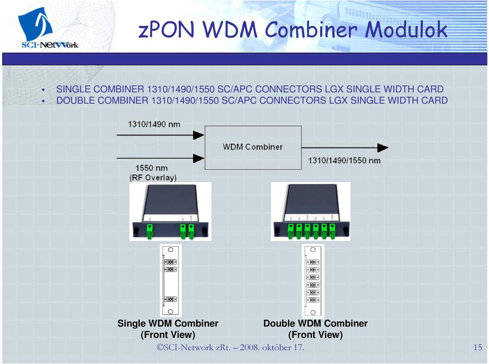 SC/APC CONNECTORS LGX SINGLE WIDTH CARD Single WDM Combiner Double