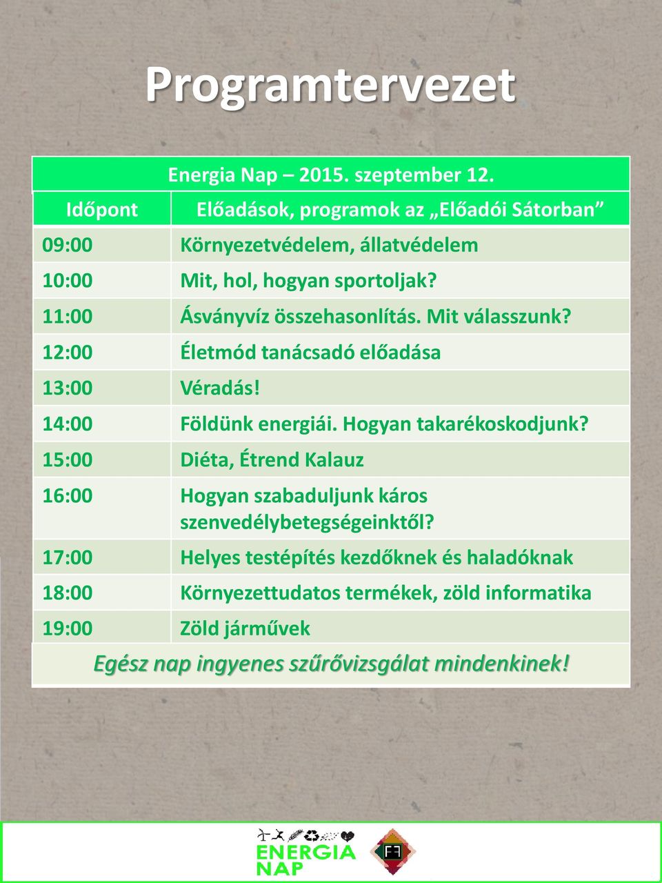 11:00 Ásványvíz összehasonlítás. Mit válasszunk? 12:00 Életmód tanácsadó előadása 13:00 Véradás! 14:00 Földünk energiái.