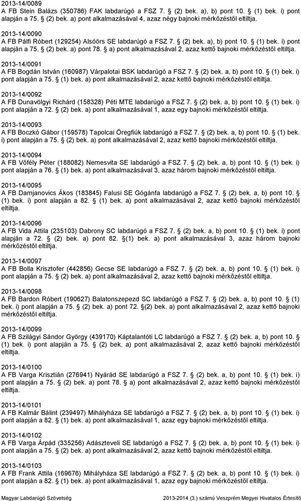 a) pont alkalmazásával 2, azaz kettő bajnoki mérkőzéstől 2013-14/0091 A FB Bogdán István (160987) Várpalotai BSK labdarúgó a FSZ 7. (2) bek. a, b) pont 10. (1) bek.