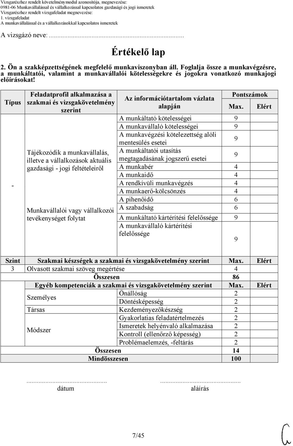 Típus - Feladatprofil alkalmazása a szakmai és vizsgakövetelmény szerint Tájékozódik a munkavállalás, illetve a vállalkozások aktuális gazdasági - jogi feltételeiről Munkavállalói vagy vállalkozói