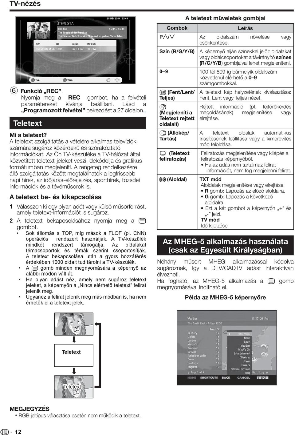 Az Ön TV-készüléke a TV-hálózat által közvetített teletext-jeleket veszi, dekódolja és grafikus formátumban megjeleníti.