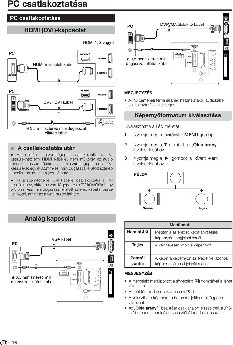 Képernyőformátum kiválasztása ø 3,5 mm sztereó mini dugasszal ellátott kábel AUDIO IN HDMI (DVI) Kiválaszthatja a kép méretét. 11 Nyomja meg a távirányító MENU gombját.