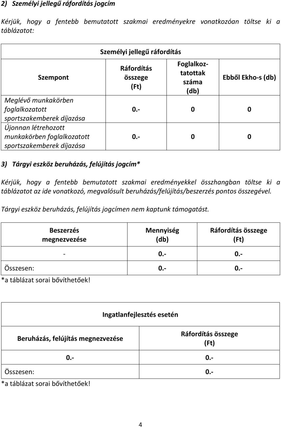 - 0 0 3) Tárgyi eszköz beruházás, felújítás jogcím* Kérjük, hogy a fentebb bemutatott szakmai eredményekkel összhangban töltse ki a táblázatot az ide vonatkozó, megvalósult