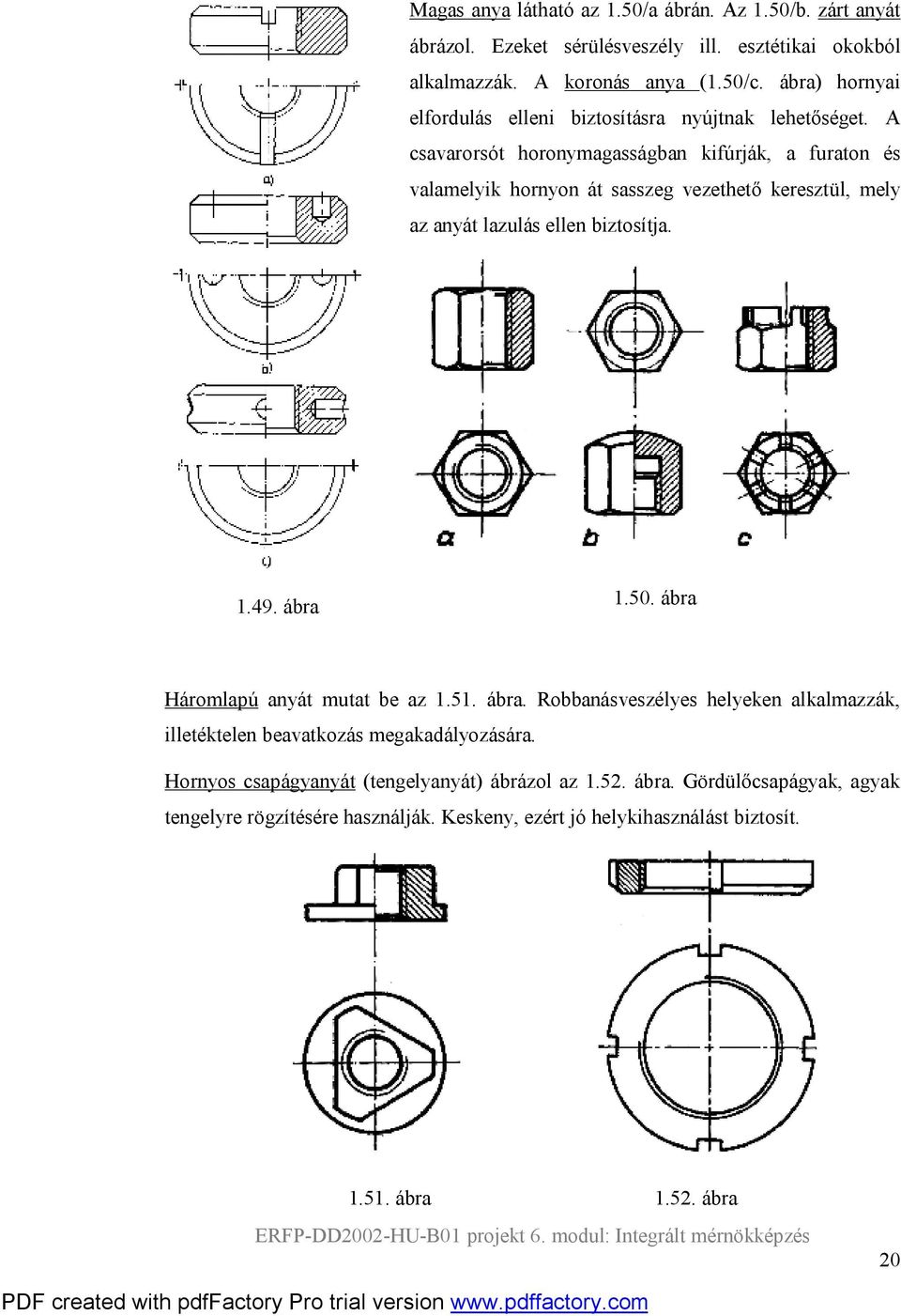 A csavarorsót horonymagasságban kifúrják, a furaton és valamelyik hornyon át sasszeg vezethető keresztül, mely az anyát lazulás ellen biztosítja. 1.49. ábra 1.50.