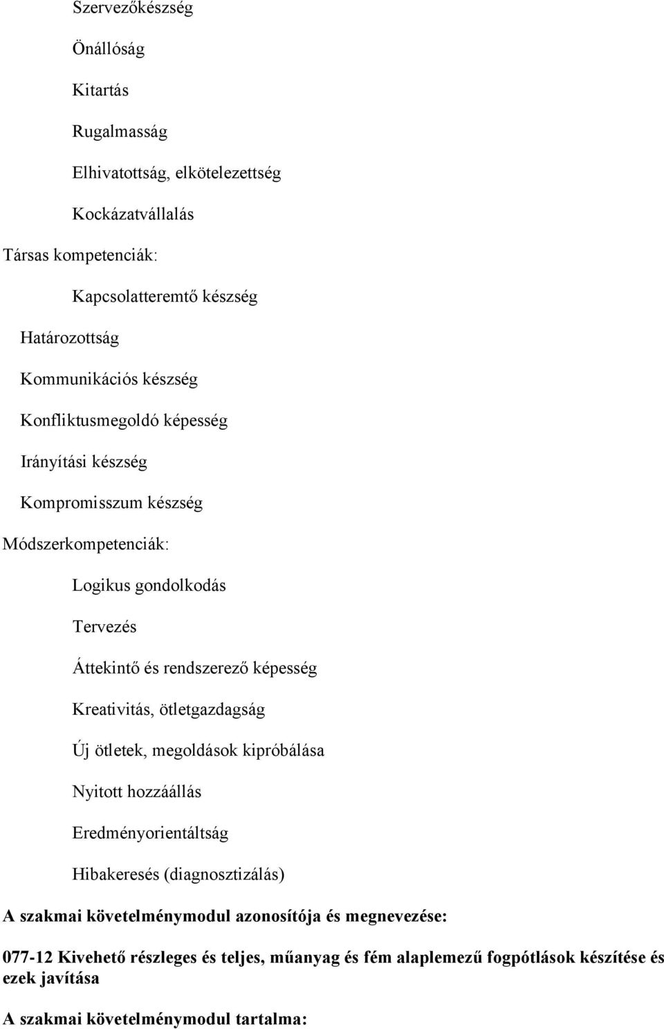 rendszerező képesség Kreativitás, ötletgazdagság Új ötletek, megoldások kipróbálása Nyitott hozzáállás Eredményorientáltság Hibakeresés (diagnosztizálás) A szakmai