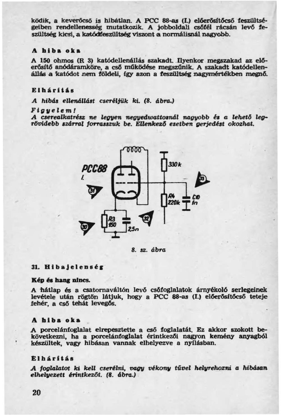 .ilyenkor megszakad az előerősítés anódéramköre, a cs6 mfiködése megsz(lnlk. A szakadt katódellenállás a katódot nem földel.i,.fgy azon a teszültség nagymértékben meenö.