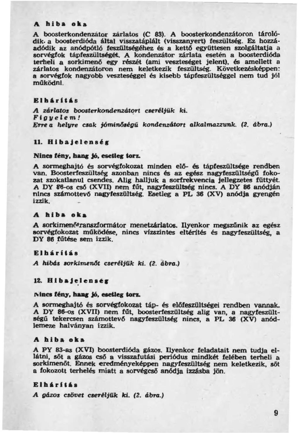 A kondenzátor zárlata esetén a boosterdióda terbeli a sorkimenő egy részét (ami veszteséget jelent). és amellett a zárlatos kondenzátoron nem keletkezik feszültség.
