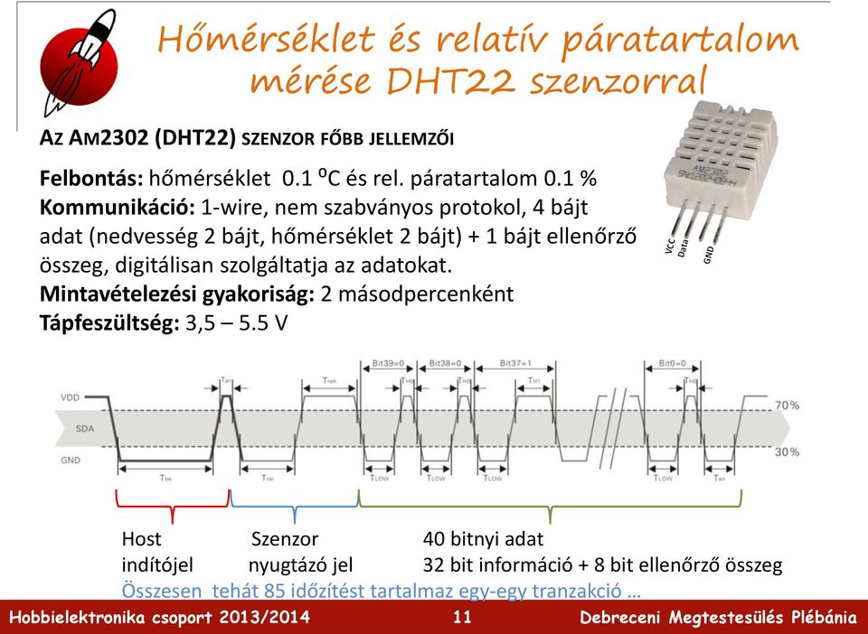 1 % Kommunikáció: 1-wire, nem szabványos protokol, 4 bájt adat (nedvesség 2 bájt, hőmérséklet 2 bájt) + 1 bájt ellenőrző összeg,