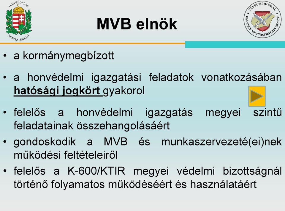 összehangolásáért gondoskodik a MVB és munkaszervezeté(ei)nek működési feltételeiről