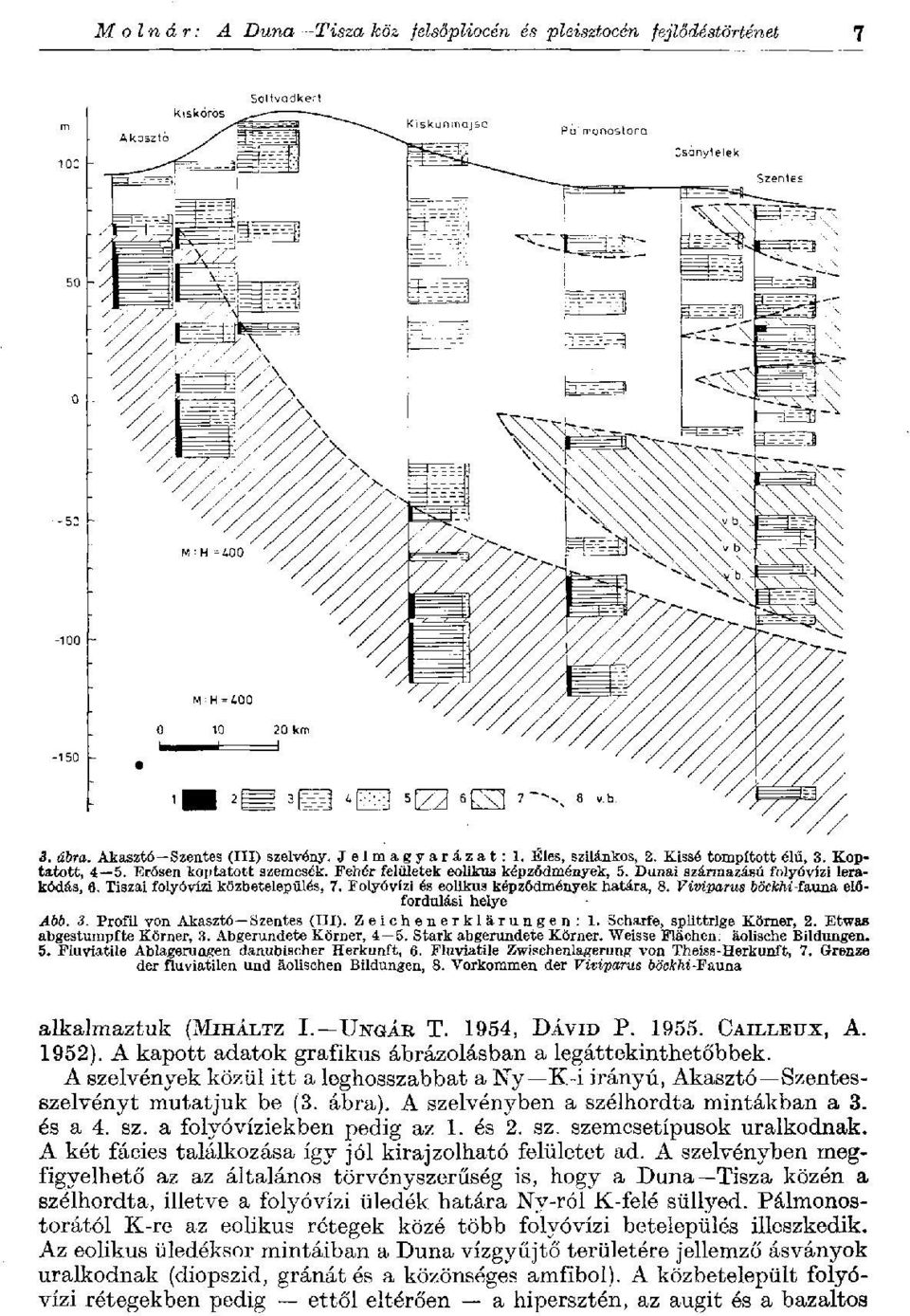Folyóvízi és eolikus képződmények határa, 8. Vivi-parus оосш-fauna előfordulási helye Abb. 3. Profil von Akasztó Szentes (III). Zeichenerklärungen: 1. Scharfe, splittrige Korner, 2.
