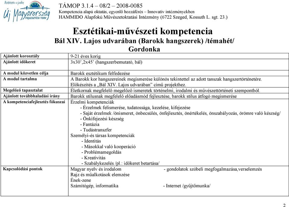 kompetenciafejlesztés fókuszai Barokk esztétikum felfedezése A Barokk kor hangszereinek megismerése különös tekintettel az adott tanszak hangszertörténetére. Előkészítés a Bál XIV.