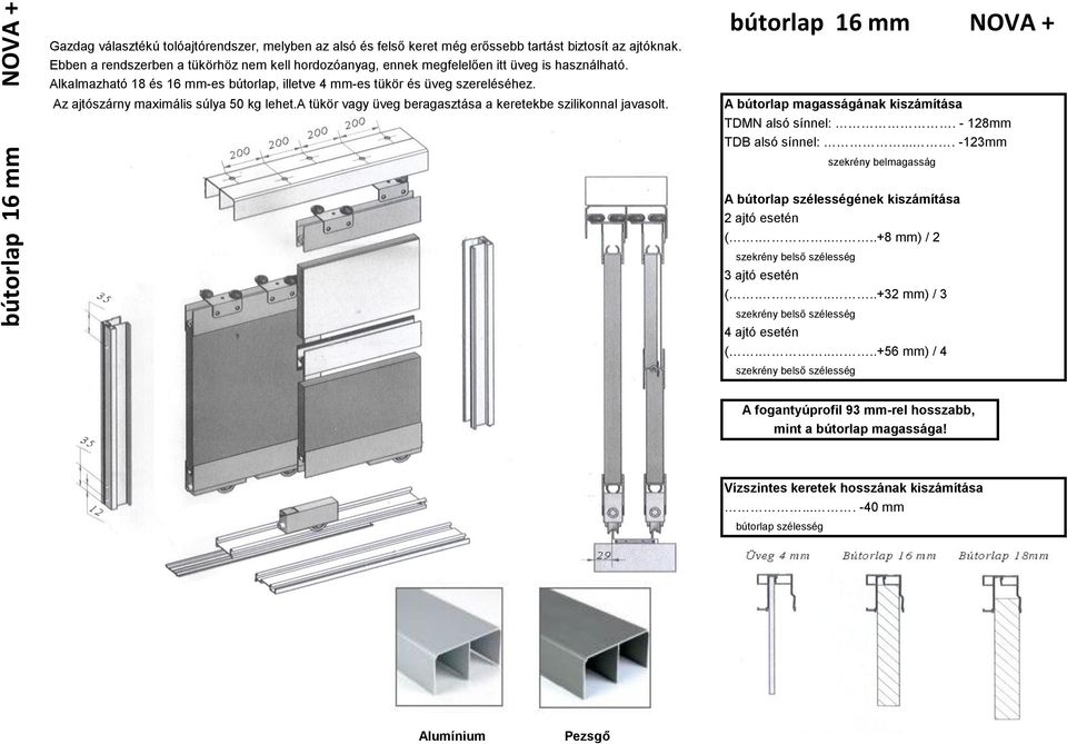 Az ajtószárny maximális súlya 50 kg lehet.a tükör vagy üveg beragasztása a keretekbe szilikonnal javasolt. bútorlap 16 mm NOVA + A bútorlap magasságának kiszámítása TDMN alsó sínnel:.