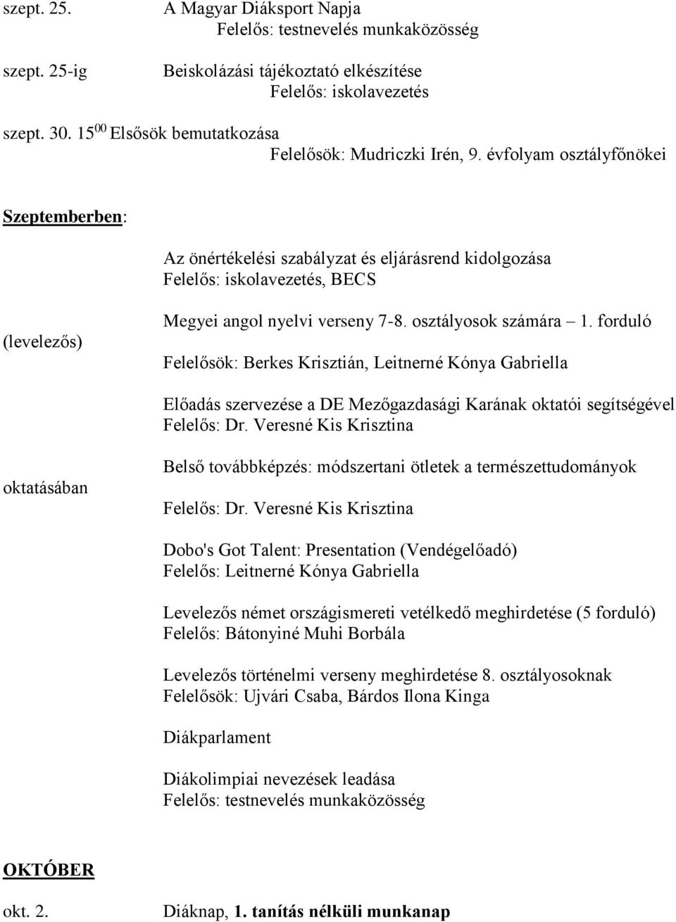 forduló Felelősök: Berkes Krisztián, Leitnerné Kónya Gabriella Előadás szervezése a DE Mezőgazdasági Karának oktatói segítségével Felelős: Dr.