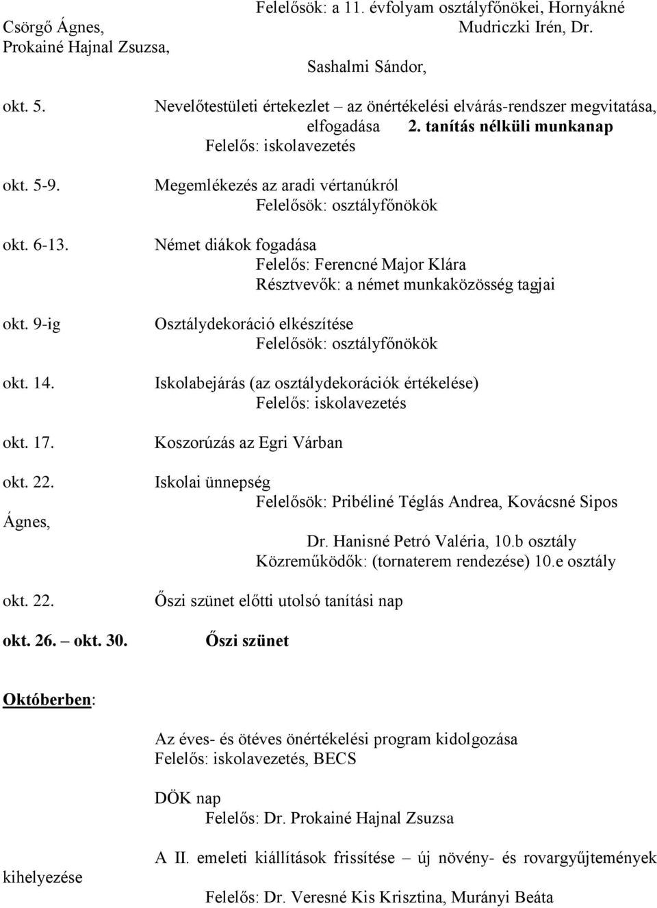 tanítás nélküli munkanap Megemlékezés az aradi vértanúkról Felelősök: osztályfőnökök Német diákok fogadása Felelős: Ferencné Major Klára Résztvevők: a német munkaközösség tagjai Osztálydekoráció