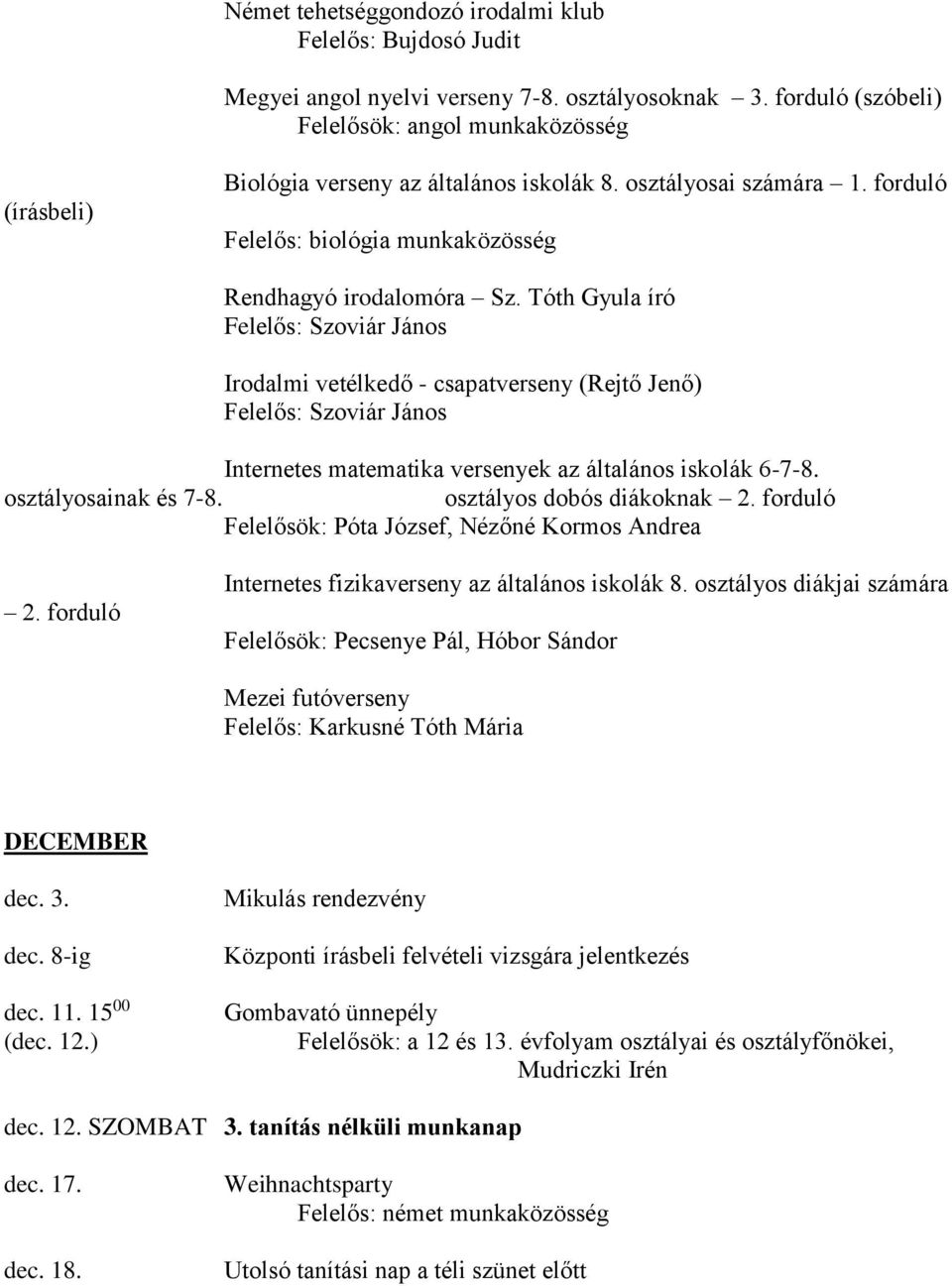 Tóth Gyula író Felelős: Szoviár János Irodalmi vetélkedő - csapatverseny (Rejtő Jenő) Felelős: Szoviár János Internetes matematika versenyek az általános iskolák 6-7-8. osztályosainak és 7-8.