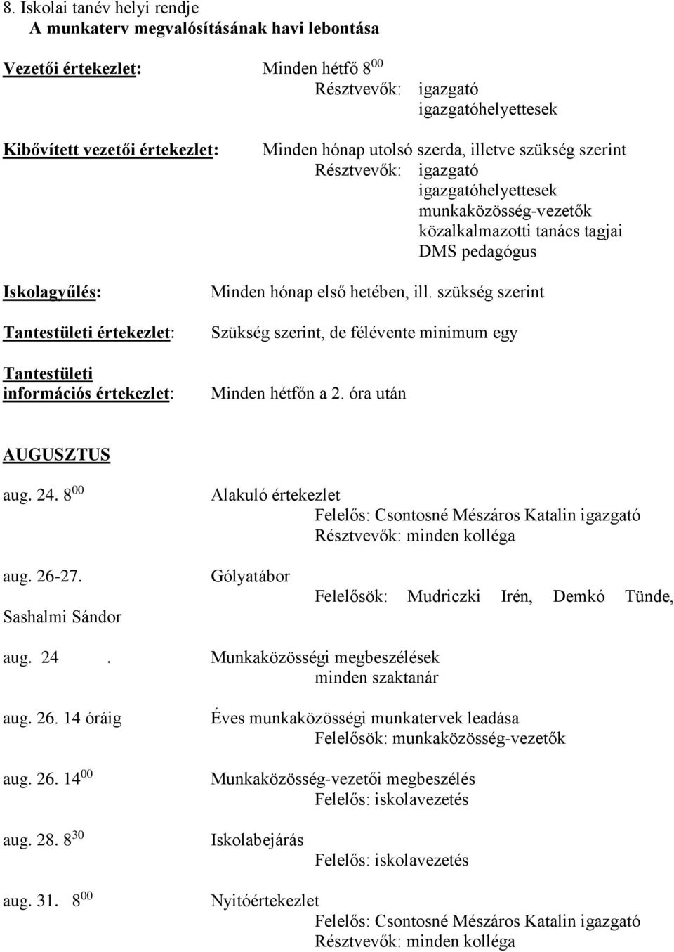 információs értekezlet: Minden hónap első hetében, ill. szükség szerint Szükség szerint, de félévente minimum egy Minden hétfőn a 2. óra után AUGUSZTUS aug. 24.