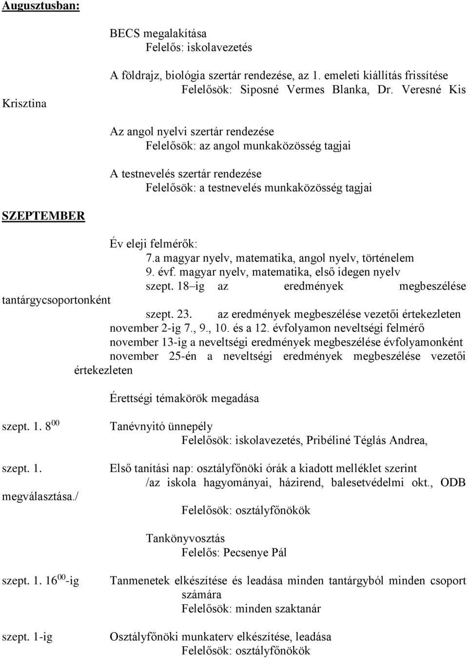 a magyar nyelv, matematika, angol nyelv, történelem 9. évf. magyar nyelv, matematika, első idegen nyelv szept. 18 ig az eredmények megbeszélése tantárgycsoportonként szept. 23.